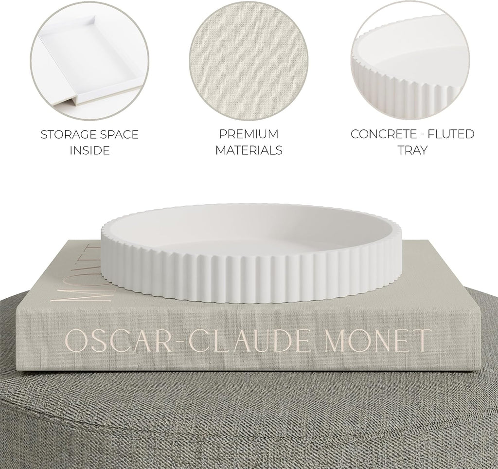 Decorative Concrete Tray & Book Decor Set - Scalloped Tray & Linen Box Enhance Your Coffee Table or Bookshelf Decor