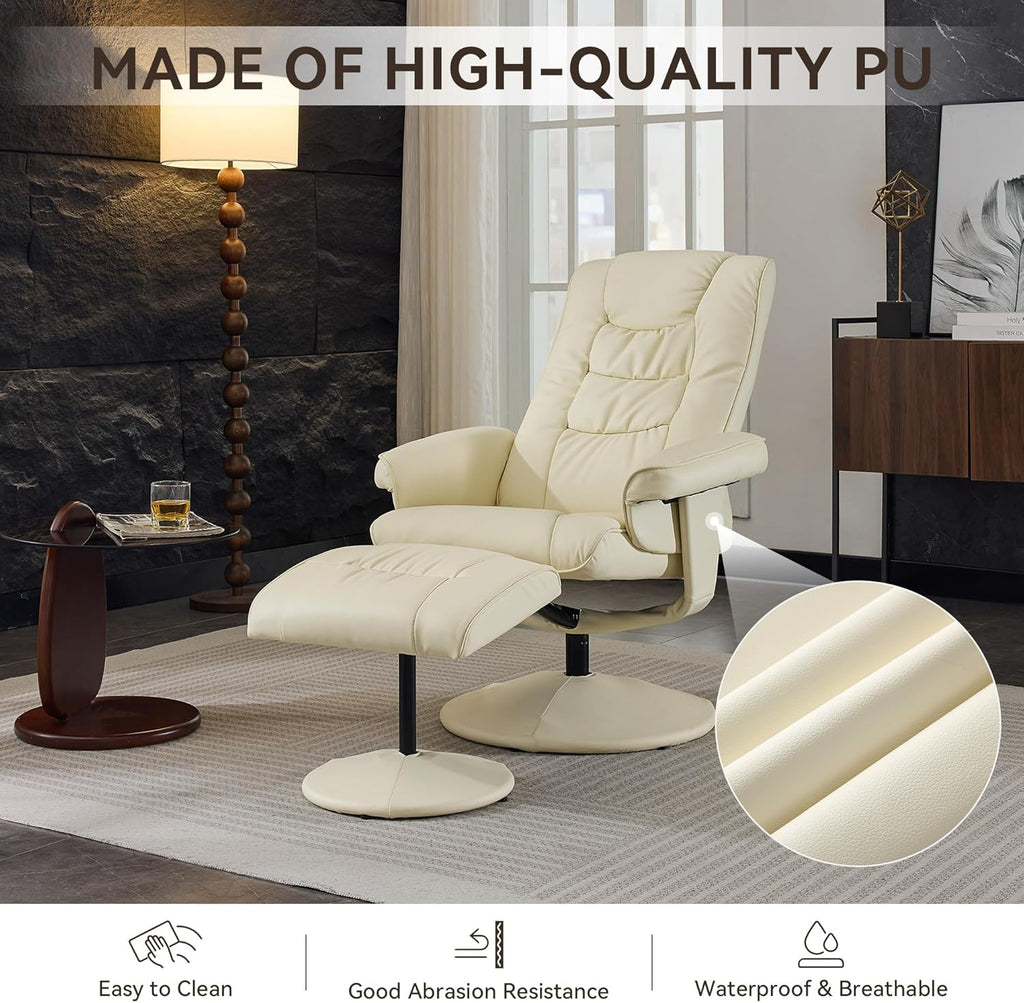 Modern Reclining Swivel Lounge Chair and Ottoman — White