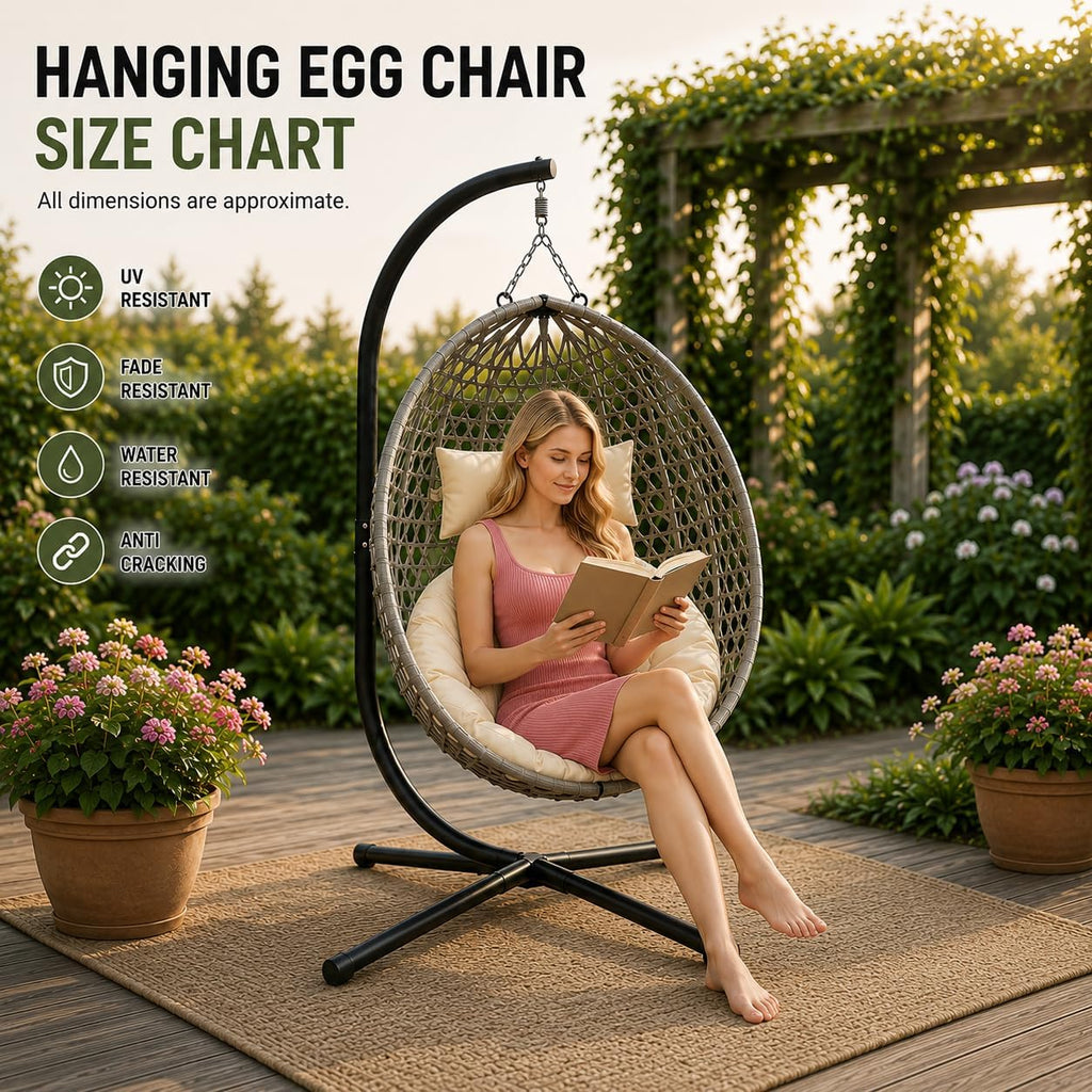 Folding PE Rattan Hanging Egg Chair with Stand, Wicker Swing Hammock, Heavy-Duty Steel and Aluminum Frame, 350 lbs