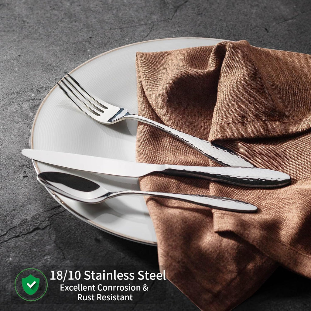 Emma 40-Piece 18/10 Silverware Set, Hammered Flatware Set, Heavy Duty Stainless Steel Cutlery Set