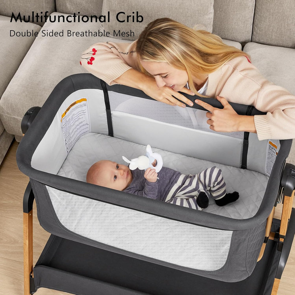Bassinet Bedside Sleeper, Rocking Bassinets with Comfy Mattress and Wheels for Newborn, 5-Height Adjustable (Black)