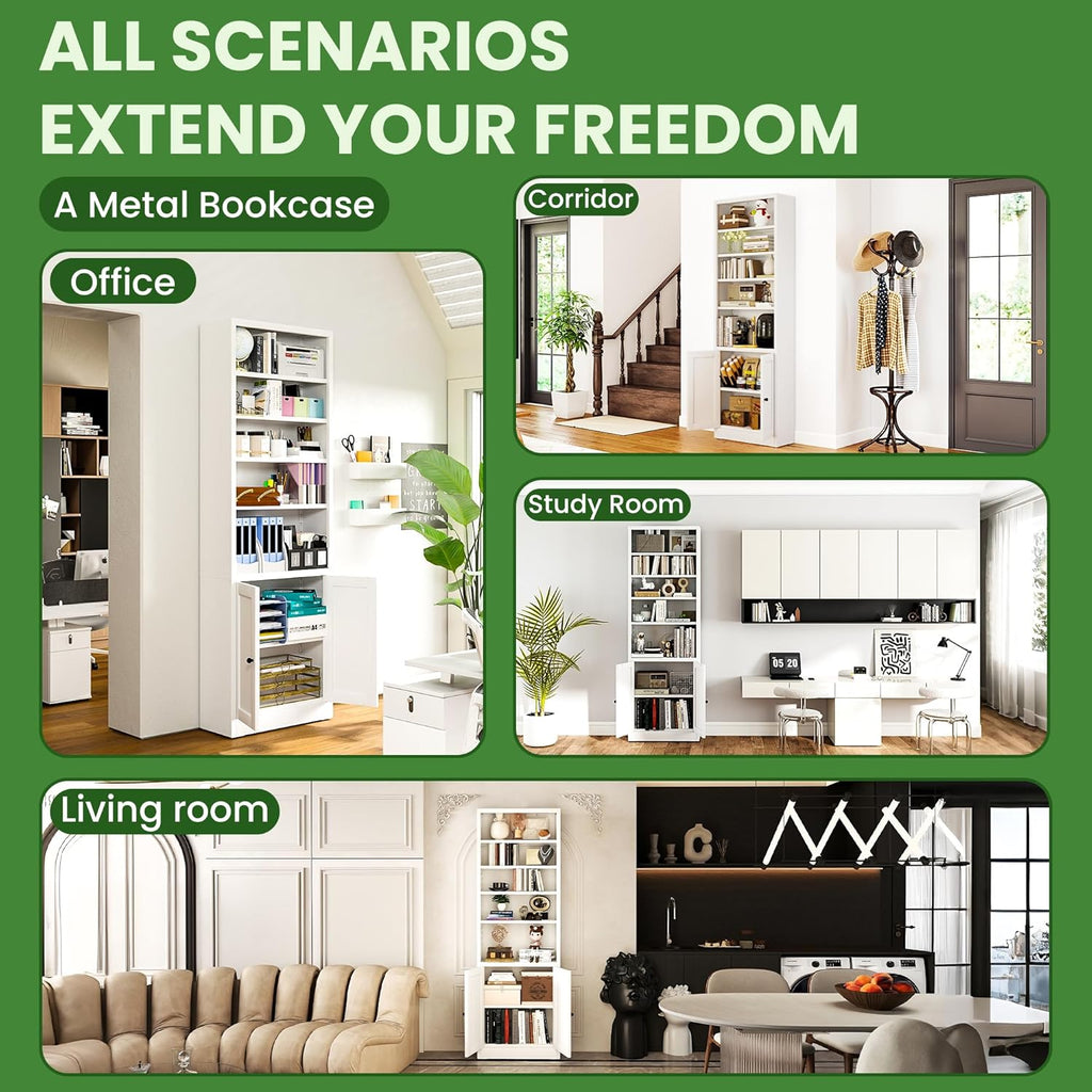 71" Metal Bookcase with Adjustable Shelves 7 Tier Bookshelf with Doors,Tall Display Cabinet Industrial Bookshelves