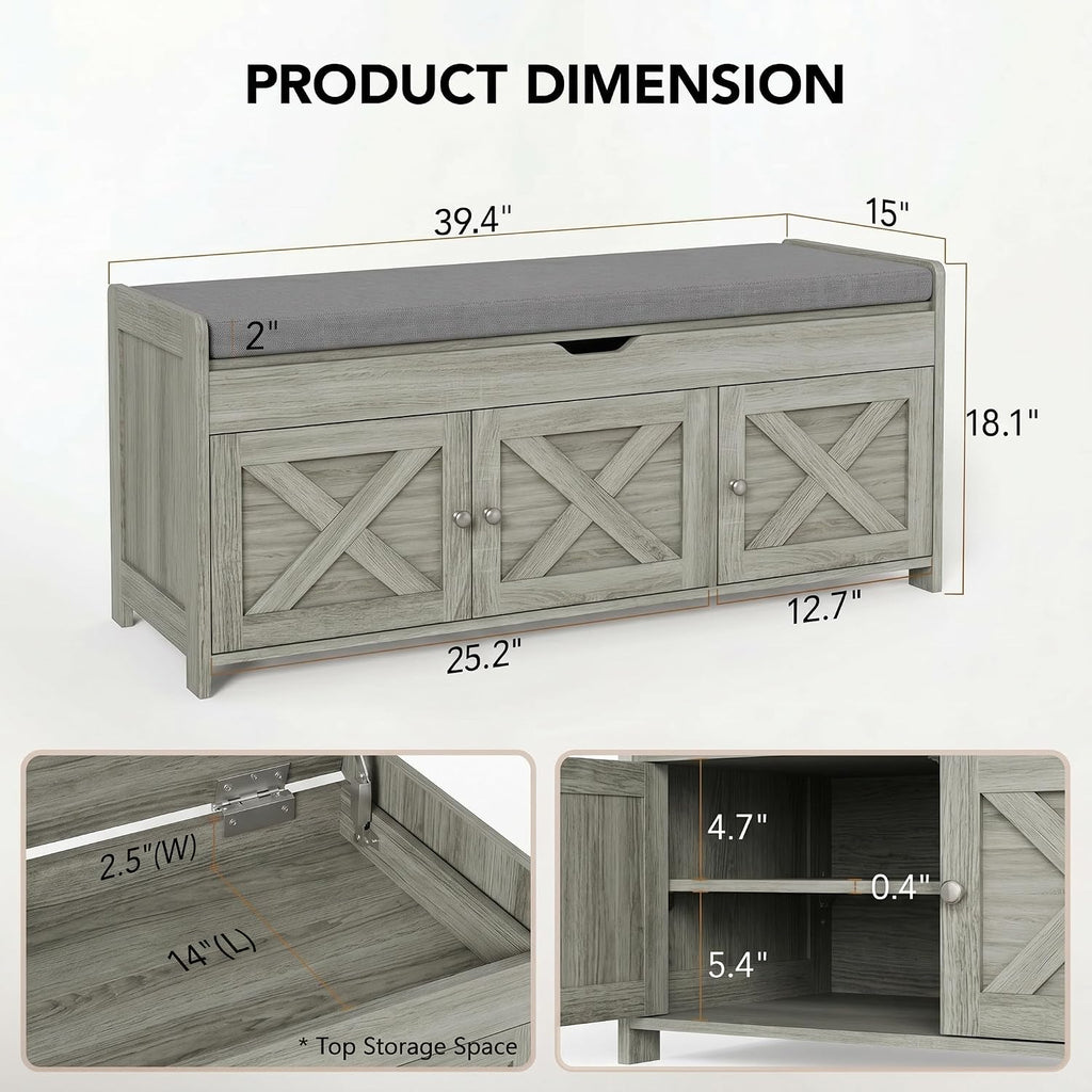 Shoe Storage Bench with Seating, Farmhouse Entryway Bench with Shoe Storage and Cushion, Under Window Benches Wooden