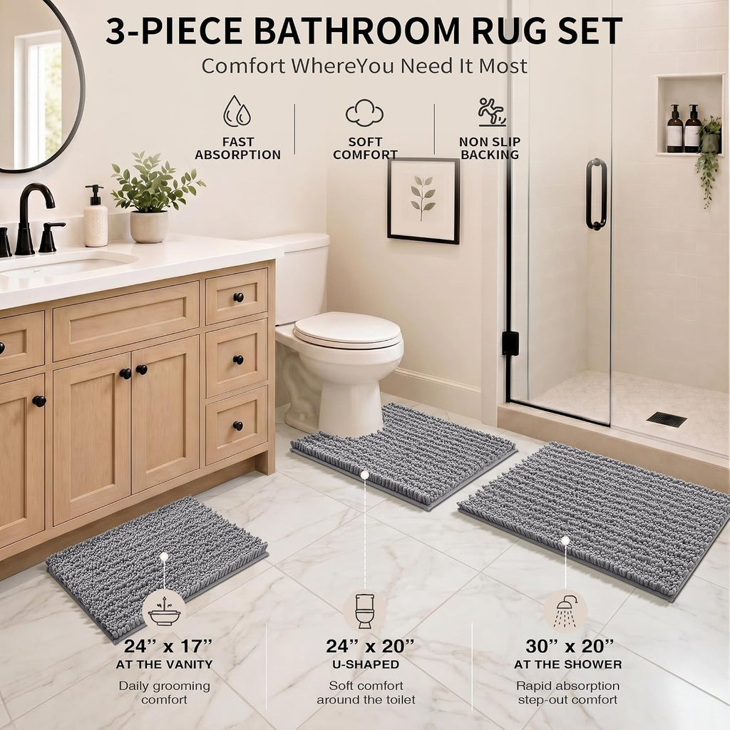 Bathroom Rug Set 3 Piece - Super Absorbent Quick Dry Chenille Bath Mats & Toilet Rug, Non Slip Machine Washable