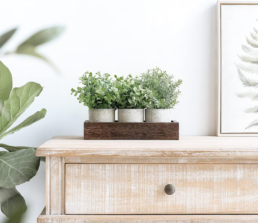 3 Pack Mini Potted Artificial Eucalyptus Fake Plants with Wood Tray Centerpiece Table Decorations, Farmhouse Pulp