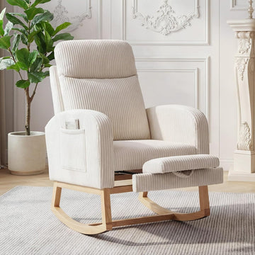 Nursery Rocking Chair, Corduroy Upholstered Rocking Chair with Adjustable Footrest, Tufted Rocker Chair with Side