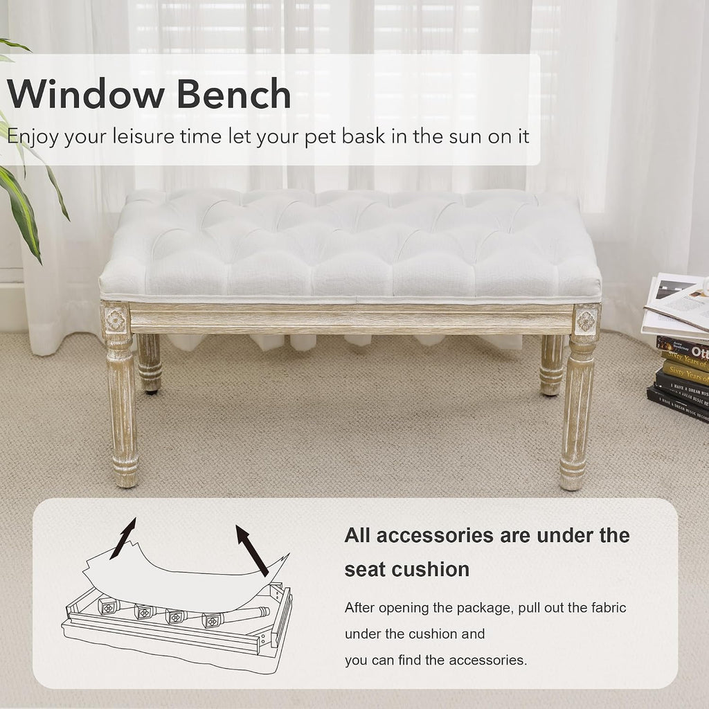 French Vintage Bench, Linen Fabric Entryway Bench, Upholstered Tufted End of Bed Bench with Brushed Wood Legs, White