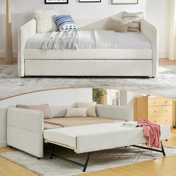 Twin Size Daybed with Pop Up Trundle, Boucle Upholstered Daybed with Trundle, Twin Size Sofa Bed with Tufted Design