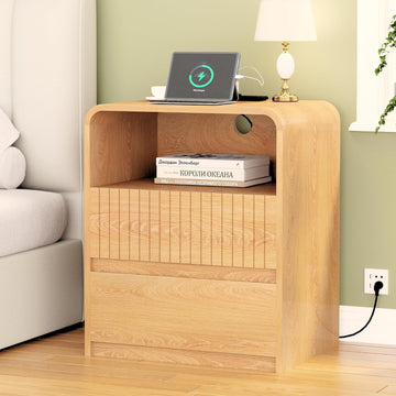 Modern Nightstand with Charger Station, 24" Tall Mid Century End Table with 2 Storage Drawers, Wood Bedside Table