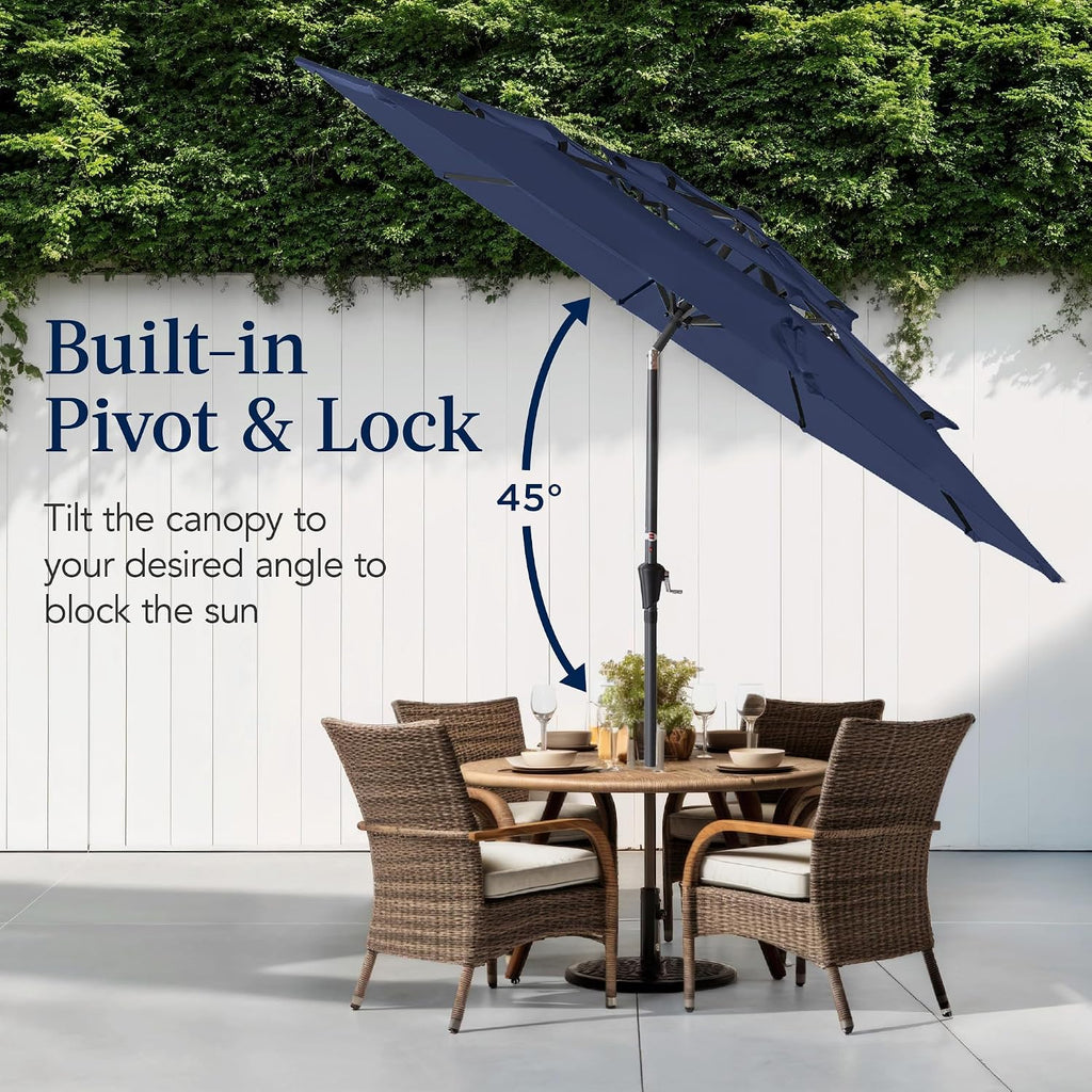 10ft 3-Tier Market Patio Umbrella, Outdoor Sun Shade with Tilt, Crank Lift, 8 Ribs - Navy Blue