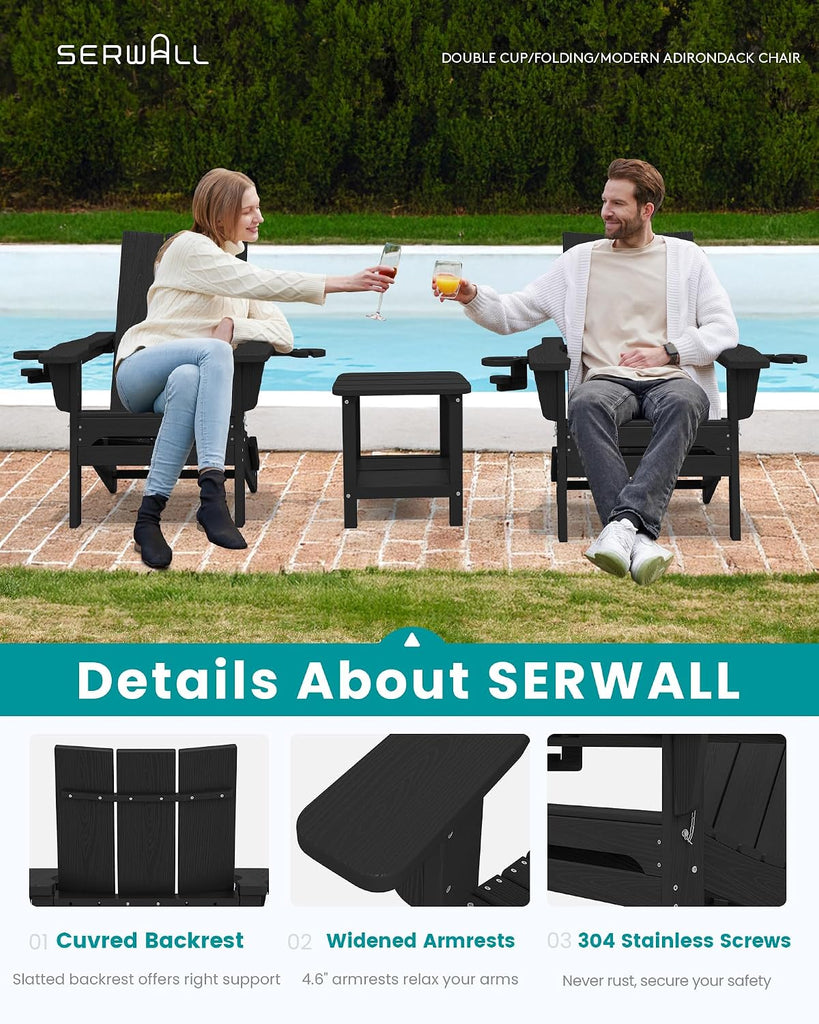 Modern Folding Adirondack Chairs Set of 2, HDPE, Cup Holders, Black | Outdoor All-Weather Lawn Adirondack Chairs Wood