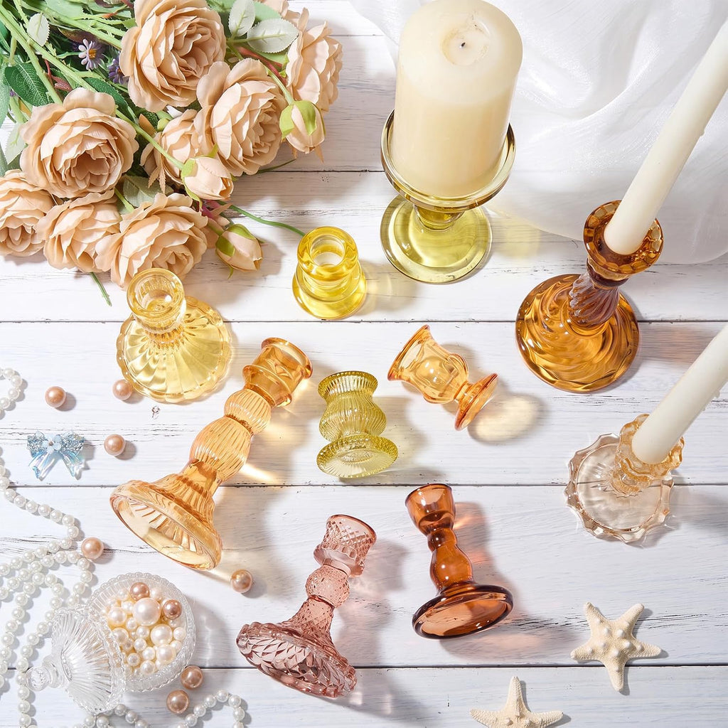 10 Pcs Glass Taper Crystal Candle Holders,Classic,Orange Yellow