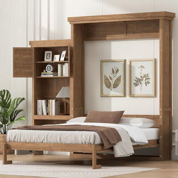 Wall Murphy Bed with Storage Shelves and Desk, Foldable Cabinet Bed with Louvered Style Decoration, Queen, Wood Color