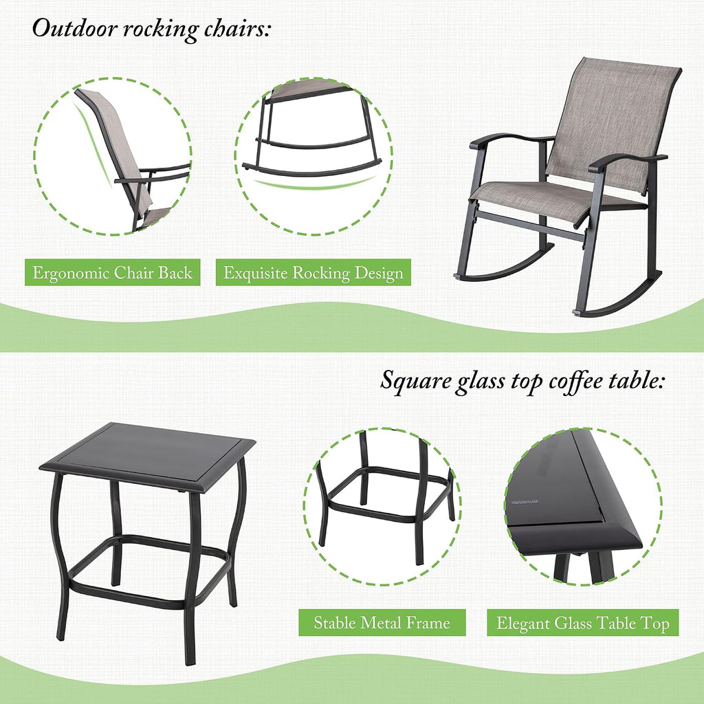 3 Piece Rocking Bistro Set, Outdoor Furniture with Rocker Chairs and Glass Coffee Table Balcony, Porch Furniture for