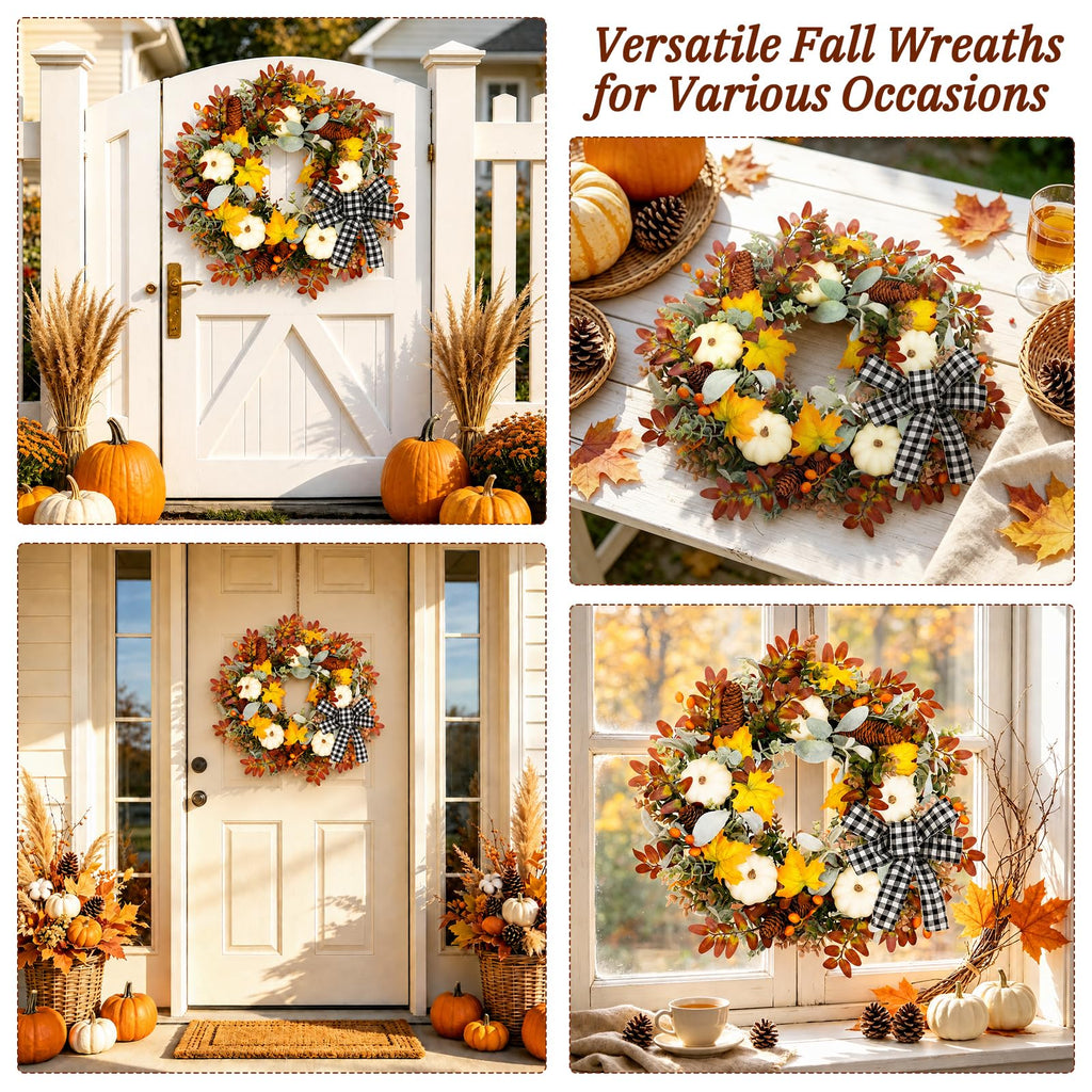 22 Inch Fall Wreath for Front Door with Artificial Pumpkin Bow