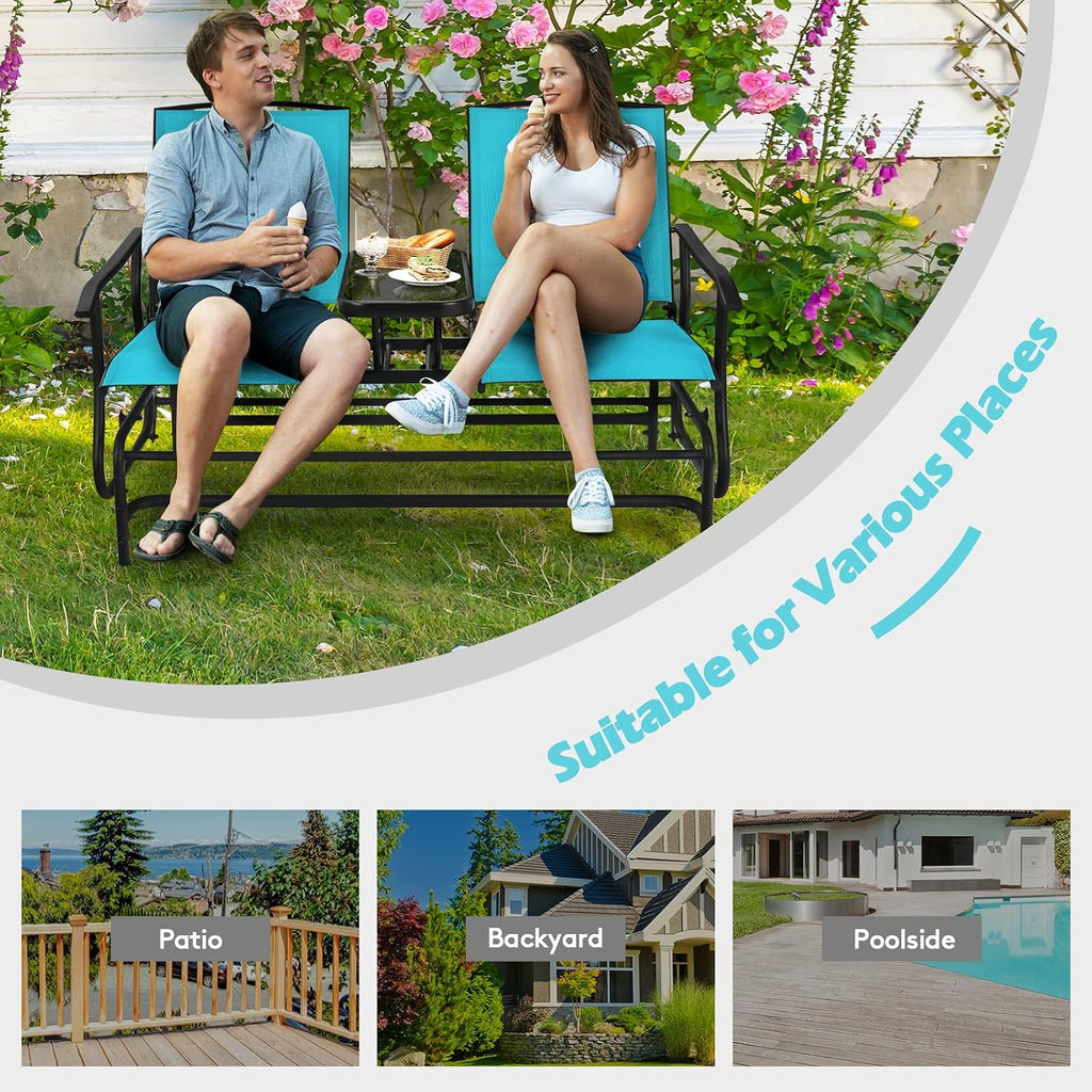 2 Person Outdoor Glider Bench w/Tempered Glass Table, Swing Patio Glider Chair with Steel Frame & Breathable Seat