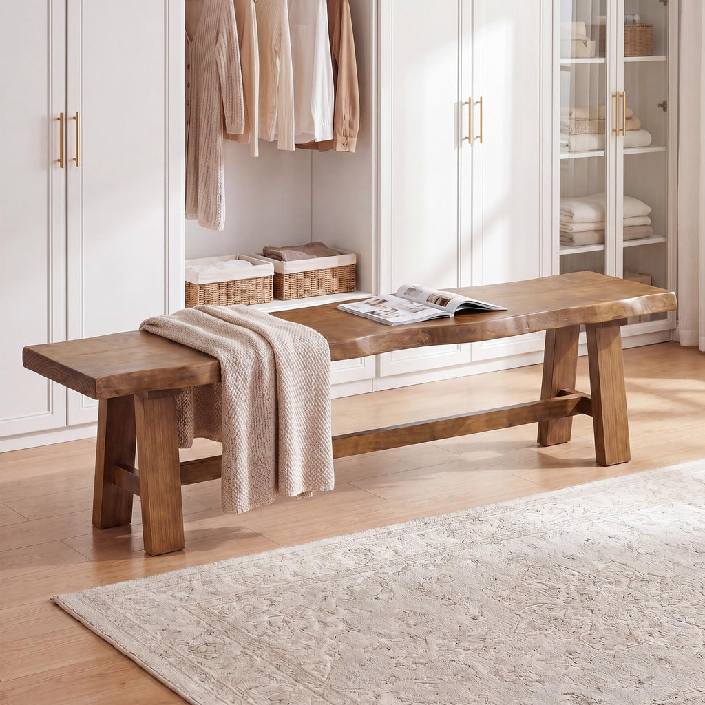 Solid Wood Entryway Bench, 63" Long Bed Bench with Angled Legs, Farmhouse Seating Benches, Rustic Brown