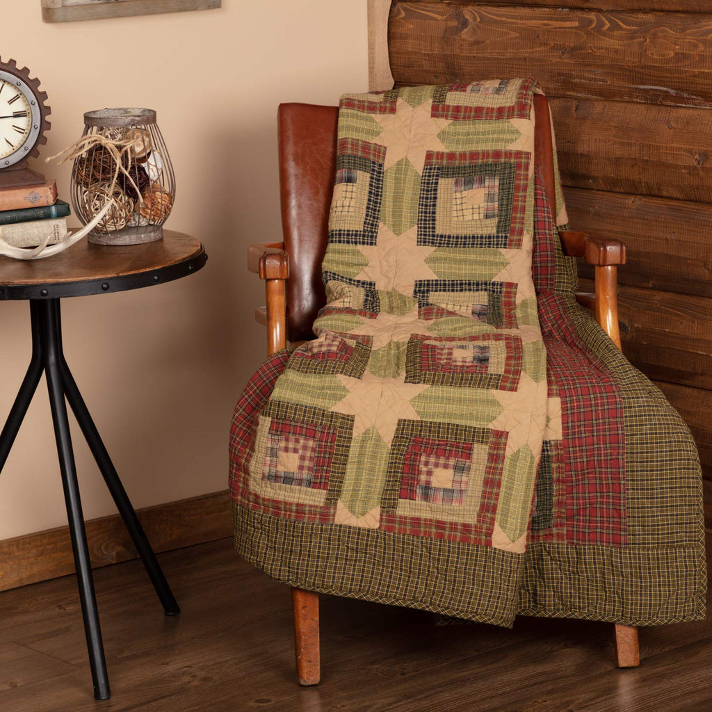 Tea Cabin Throw Quilted 60x50 Log Cabin Country Rustic Lodge Design, Moss Green and Deep Red
