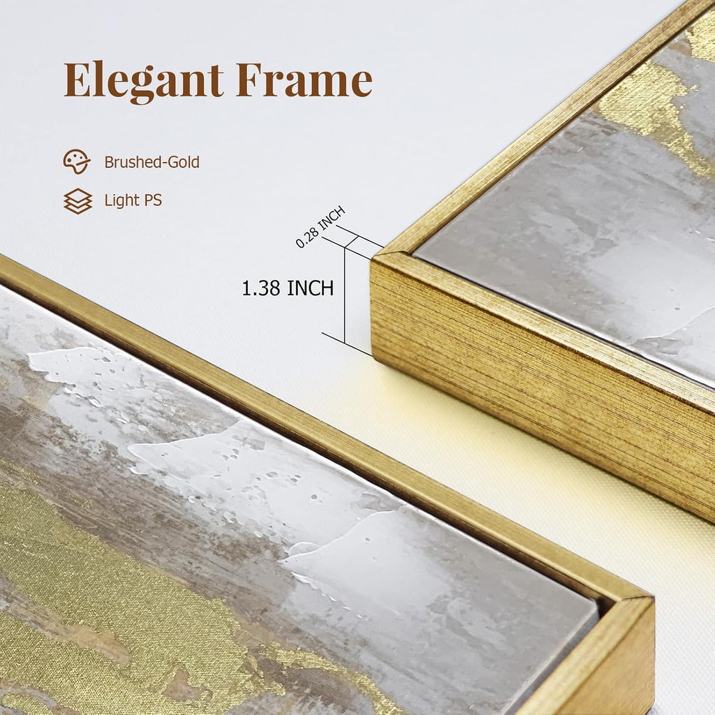 Gold Abstract Wall Art Decor - Framed Texture Paintings Modern Canvas Artwork with Hand-Painted Gold Foil for Modern
