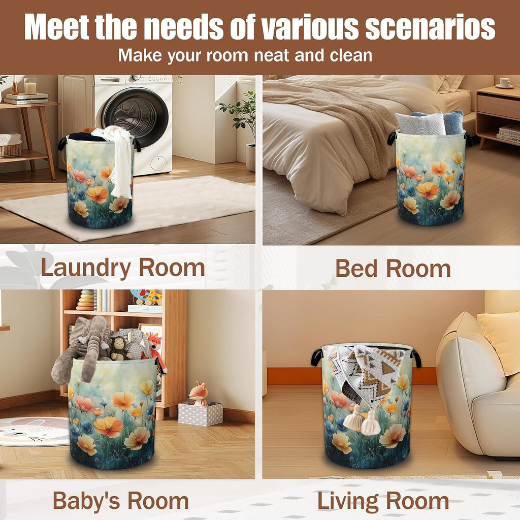 Watercolor Wildflower Laundry Basket, Laundry Hamper Waterproof Oxford Cloth Tote Bag,Clothes Storage Bucket
