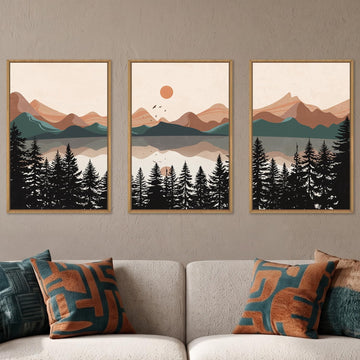 Boho Mountain Sunset Framed Canvas Wall Art Set,Colorful Mid Century Forest Wall Decor,Beige Nature Pine Tree Art - Set of 16