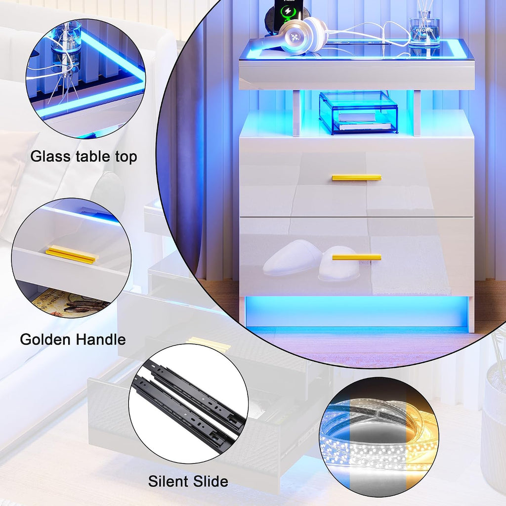 LED Nightstand with Charging Station (USB,Type-C Ports) High Gloss Bedside Table with 2 Drawers, Smart Night Stand