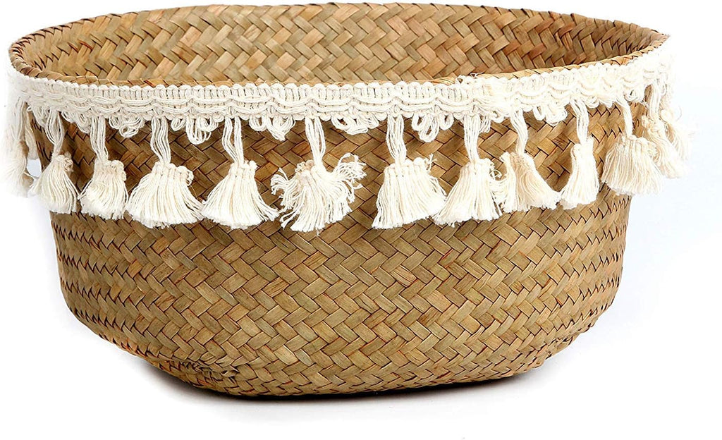 Tassel Macrame Woven Seagrass Belly Basket for Storage, Decoration, Laundry, Picnic, Plant Basin Cover, Groceries and