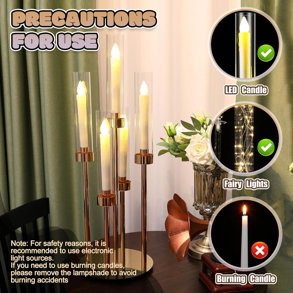 2 Set Gold Candelabra Centerpieces for Tables, 26.8 Inch 5 Arm Candle Holders with LED Candles and Acrylic Cylinders