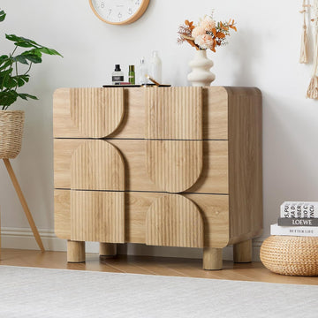 3 Drawer Dressers , 31.5" Wide Large Mid Century Modern Fluted Nightstand, Wood Dresser & Chest of Drawers with