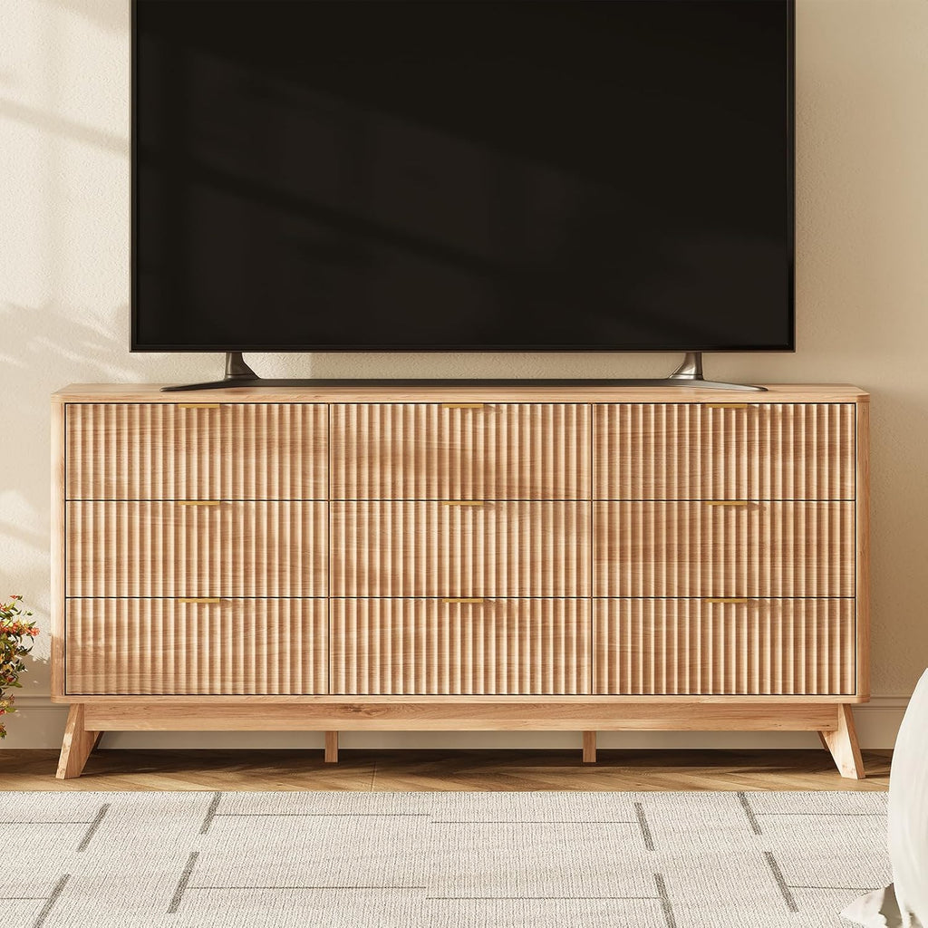 63'' Wide 9 Drawers Dresser ,Modern Fluted Vertical Chest with Rounded Corners,Fluted Dresser , Natural Wood