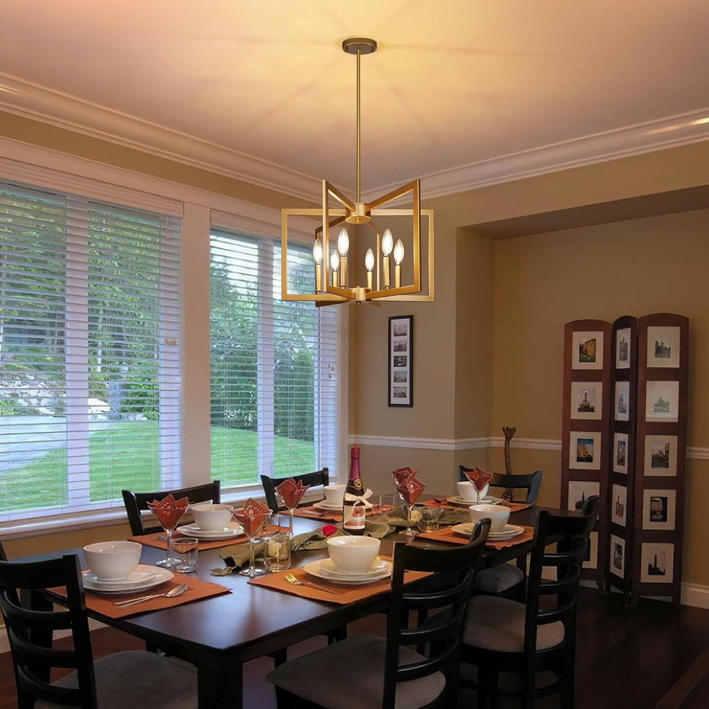 6-Light Gold Pendant Light, Modern Farmhouse Dining Room Light Fixtures Over Table, Industrial Metal Geometric