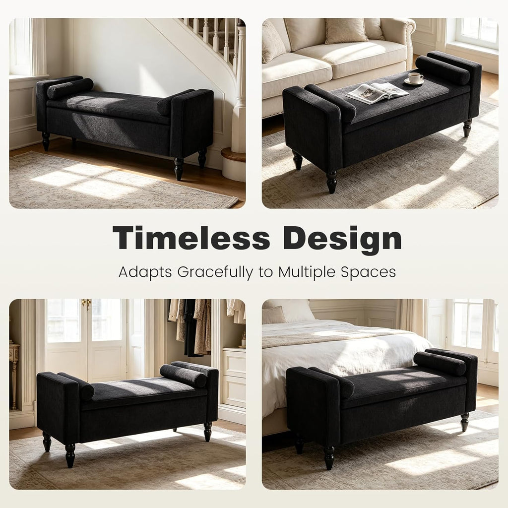 End of Bed Bench , 45.7" Linen Storage Ottoman Bench with Removable Pillows, Upholstered Entryway Bench with Solid