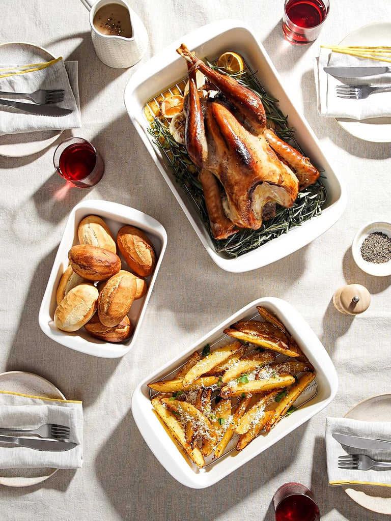 Deep Casserole Dishes for Oven, 13.7"x9.6" Ceramic Dish Set with Roasting Racks, Large Lasagna Pans with Handles