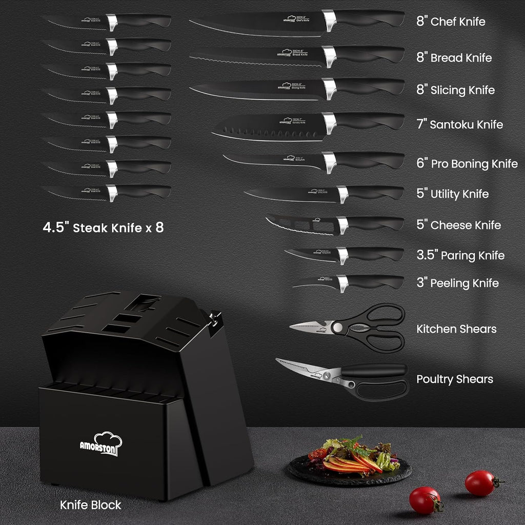Knife Set, 21 Pieces Kitchen Knife Set with Block and Sharpener, Ultra-Sharp Knives Set with Ergonomic Handles, Black