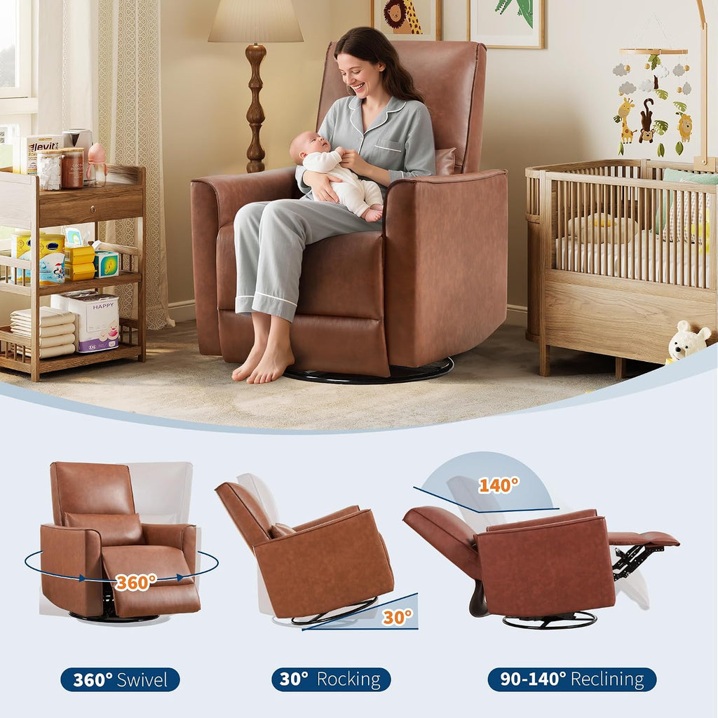 Recliner Chair, 360° Swivel Rocker Glider Nursery Chair with Padded Armrest and Deep Seat, PU Leather Upholstered