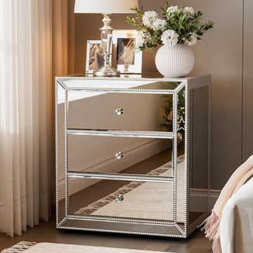 Mirrored Nightstand Bedside Table with 3 Drawers, Silver Modern End Table with Crystal Handle, Mirrored Side Table