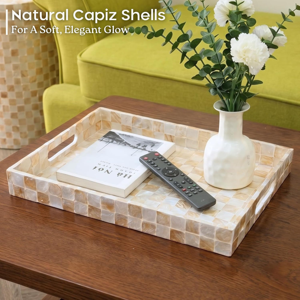 15.8" x 11.8" Rectangle Serving Tray with Handles, Capiz Shells Checkered Rectangular Tray for Ottoman Table, Mother