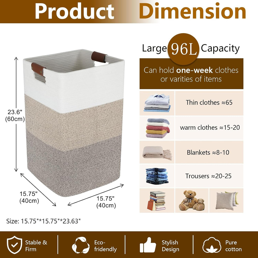 Laundry Hamper 96L Extra Large Laundry Basket, Woven Blanket Basket | Cotton Woven Storage Hamper with Handles