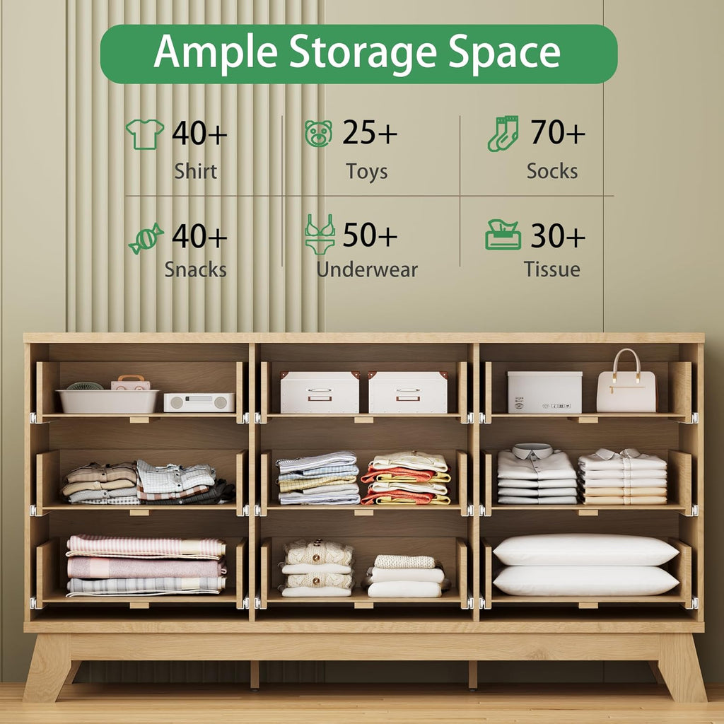 Fluted Dresser with 9 Drawers, 57" Wide Modern Chest of Drawers with Metal Handle, Wooden Dresser TV Stand, Wood