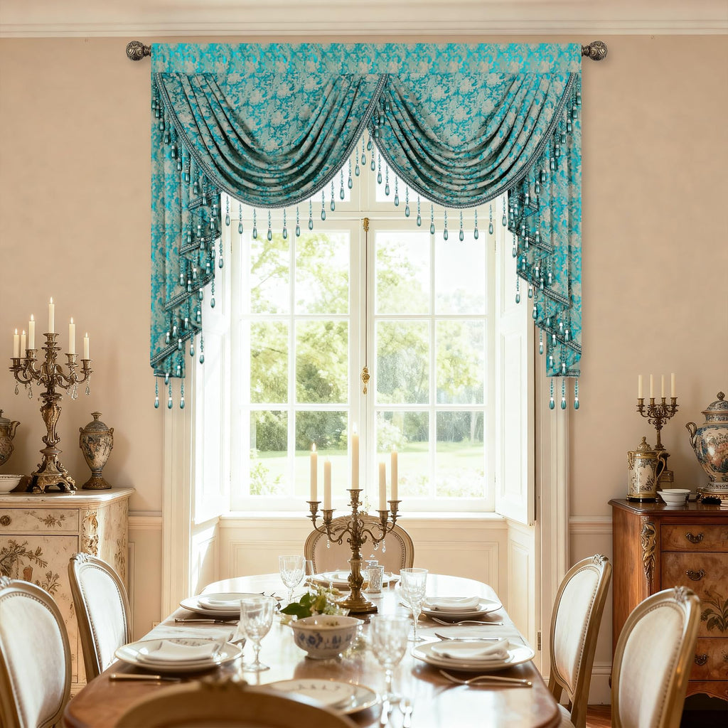 Victorian Damask Jacquard Waterfall Valance, 59 x 43, Teal Blue