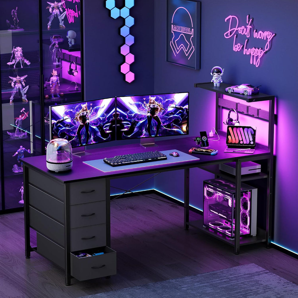 55in Gaming Computer Desk with Drawers & Storage Shelf & Iron Hook, Black