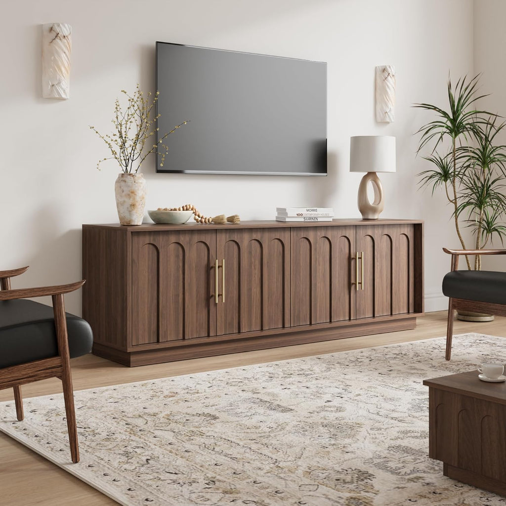 TV Stand for 75 Inch TV and Coffee Table Set of 2, Arched Design with Wood Grain Finish, Media Console with Adjustable Shelves, 67" Entertainment Center for Living Room Bedroom,Walnut