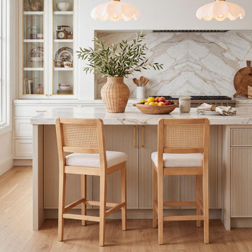 Rattan Counter Bar Stools Set of 2, Farmhouse Bar Stools with Back and Wood Legs, Upholstered Mid Century Modern