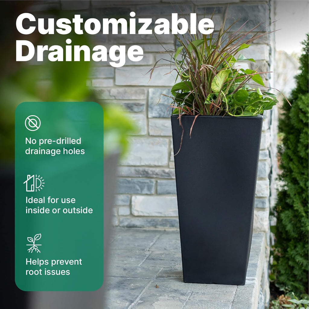 Tremont Tall Square Tapered Planter 2-Pack, 28 in Resin Planters, Self-Watering, Onyx Black
