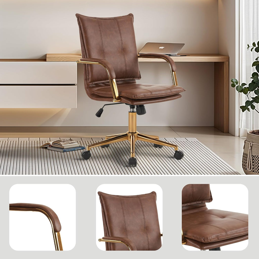 Mid-Back Ergonomic Leather Office Desk Chair, Modern Upholstered Computer Chair, Executive with Arms, Swivel