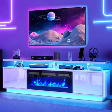 70" Fireplace TV Stand for TVs up to 80", Entertainment Center with 36" Fireplace & Double LED Lights, TV Console