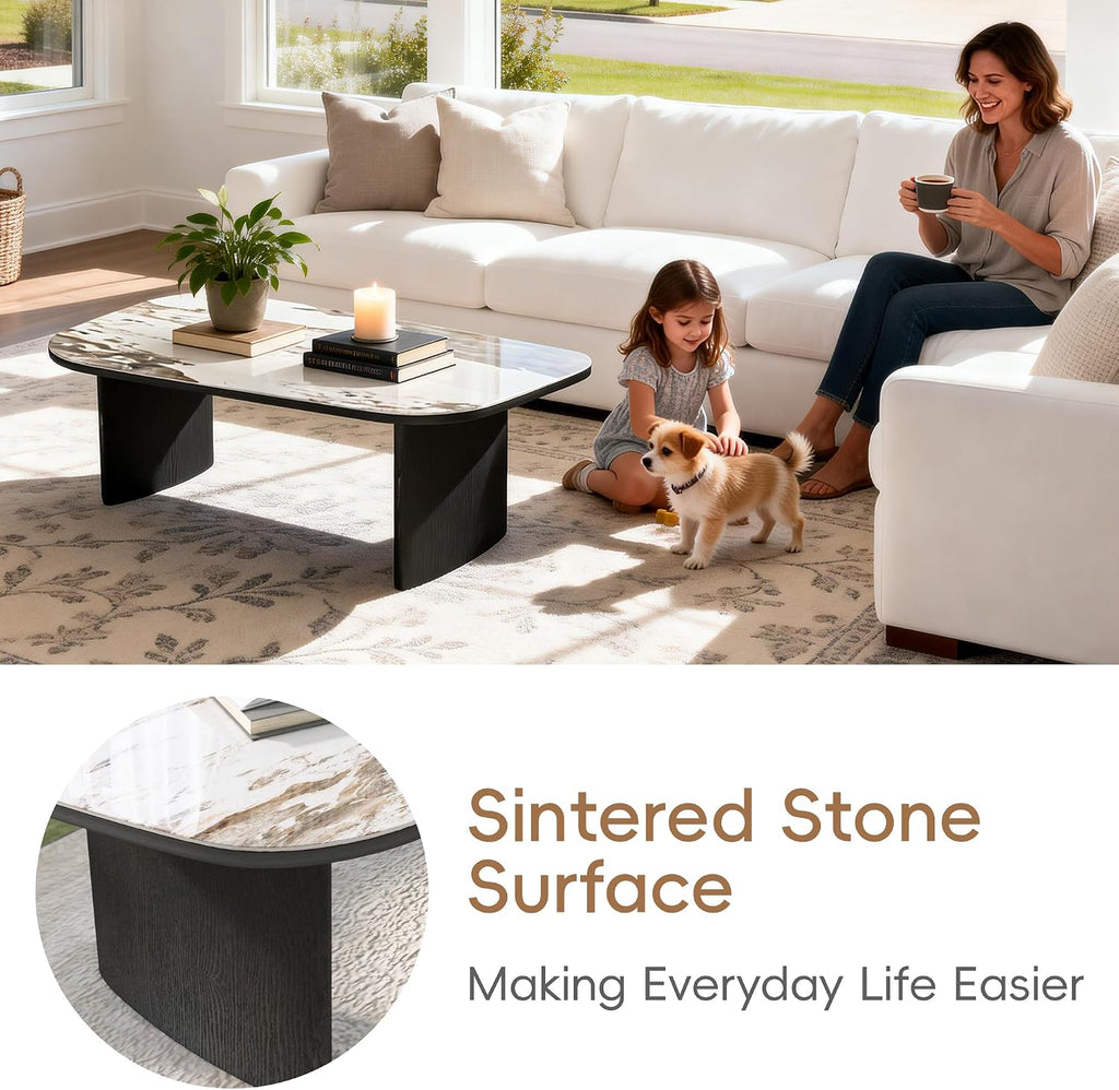 Luxury Marble Coffee Table, Premium Sintered Stone Top, Natural Wood Look Base, Modern Design Stone Cocktail Table, Ma