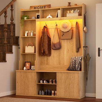 77"H 59"W Hall Tree with Bench and Shoe Storage, Entryway Bench with Coat Rack & 12 Hooks, Smart RGB LED Lighting