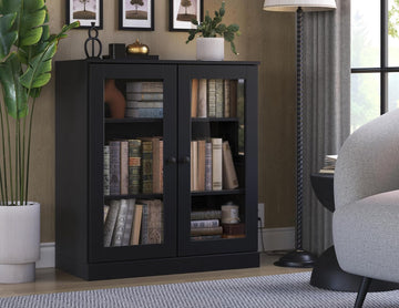 Solid Wood Bookcase - 32" Wide x 36" Short - Black, Wooden Bookshelf - Small Display Cabinet, Bookcase with Glass