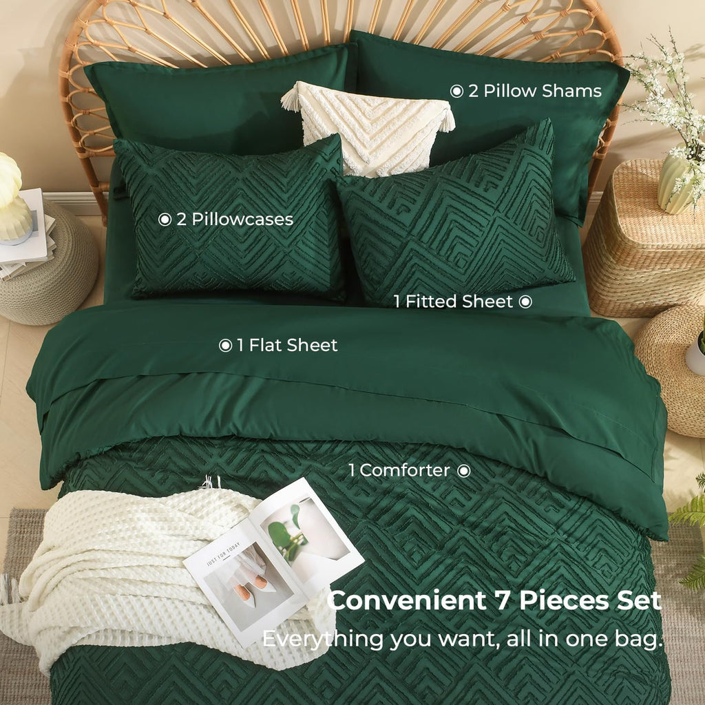 Queen Comforter Set with Sheets, Dark Emerald Green - Set of 7